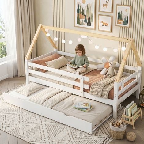 Baumhausbett Ausziehbett Kinderbett weiß + Natur 90x200cm (1/5)
