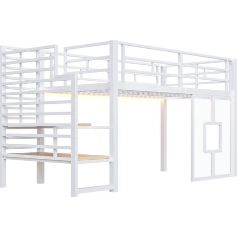DESVIAE Lit mezzanine enfant métal avec escalier rangement fenêtres éclairage LED 90 x 200 cm blanc (1/5)