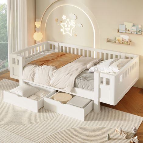 Kinderbett 90x200 cm weiß aus Massivholz und MDF mit umlaufendem Schutzgitter und 2 Schubladen (1/5)