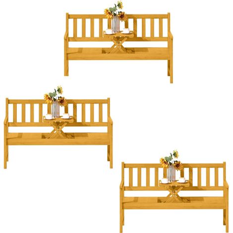 3er-Set 2-Sitzer Gartenbank Holz, wetterfest Sitzbank, Gartenmöbel mit Rücken- & Armlehnen, Klappbarer Tisch Parkbank 320kg belastbar, Balkonbank, Holzbank für Balkon, Garten, 149x56,5x89cm, Teak