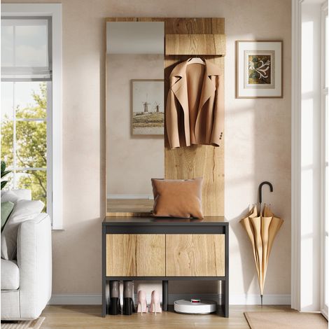Mobile ingresso con specchio, panca portascarpe e 2 cassetti, 60 x 38 x 145 cm DESVIAE (1/5)