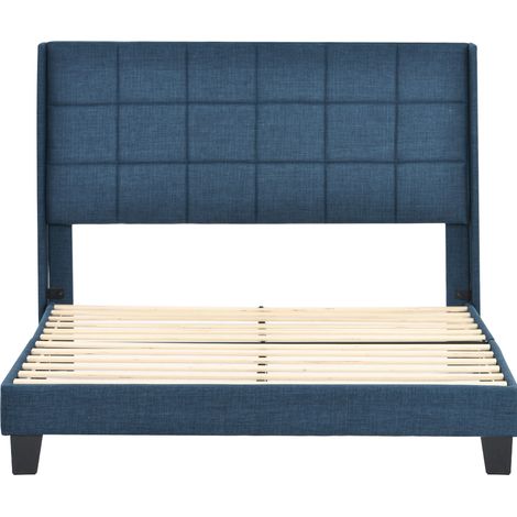 Cama doble capitoné azul de lino 140 x 200 cm con somier de láminas (1/5)