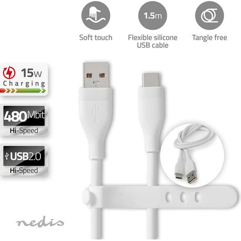 Cable usb usb 20 usb a macho usb c macho 15 w 480mbps niquelado 150 metros redondo silicona blanco caja