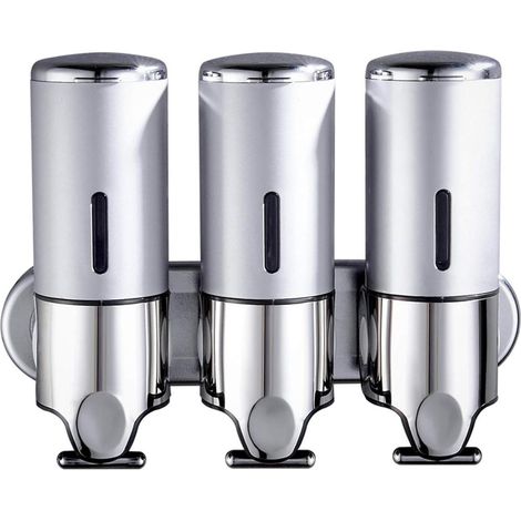 Dispenser di gel igienizzante mani a tre canali, da parete, non richiede foratura, include tre dispenser da 500 ml per shampoo, bagnoschiuma e balsamo, adatto a bagni e hotel, pompa metallica a T, des (1/4)