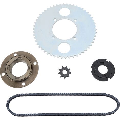 Kit chaîne T8F en acier, 116 maillons, roue libre sans dents, connecteur de plateau 54T, pignon 9T, kit de montage pour vélo/scooter à monter soi-même (1/5)