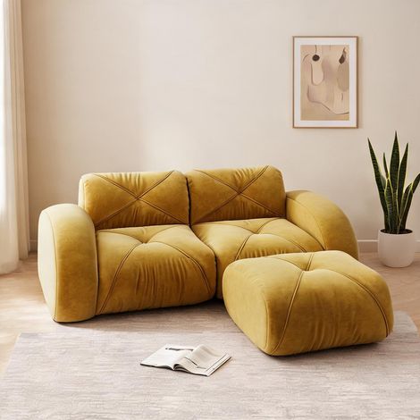 Ensemble canapé modulaire jaune avec pouf en tissu chenille doux (1/5)