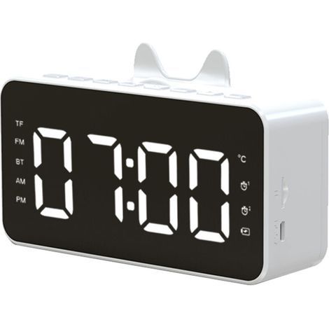 Reloj Q9 BT, reloj digital de alta precisión, despertador con pantalla LED, radio FM, compatible con tarjeta TF de 32 GB, se carga mediante cable USB, color blanco. (1/5)