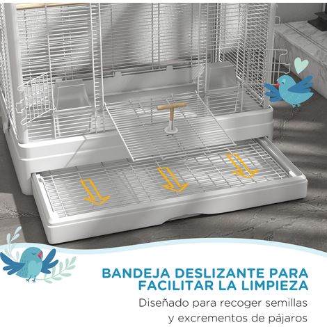 Cage à oiseaux 61 x 36.5 x 98 cm avec 8 portes. 5 perchoirs. plateau amovible et 4 mangeoires pour perruches et pinsons. blanche (1/5)