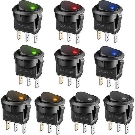 Lot de 10 interrupteurs LED 12 V à bascule, 3 positions, à verrouillage, bouton rond, pour voiture, bateau et appareils électroménagers, 5 couleurs. (1/5)