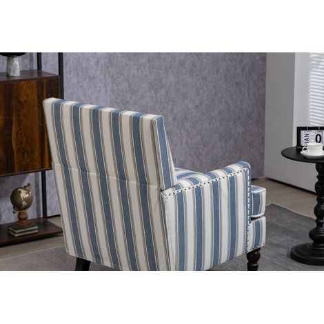 Fauteuil d'appoint vintage en lin bleu et blanc à rayures avec clous décoratifs pour salon (1/5)