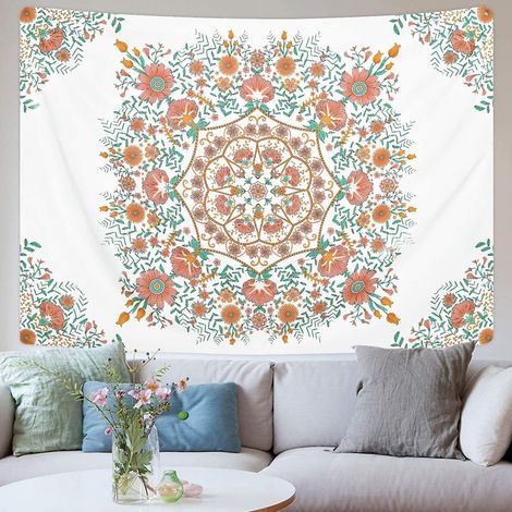 Wandteppich mit Blumenmedaillon, Wandteppich mit skizziertem Blumenmuster, Hippie-Mandala-Wandteppich