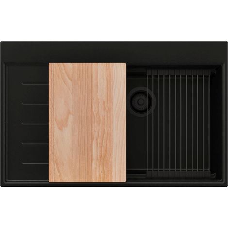 PRIMAGRAN Evier Cuisine en Granit 78x50cm,Lavabo 1 bac + Kit de Vidage + Accessoires, Évier à Encastrer au meuble 60cm - Sydney, Tout Noir
