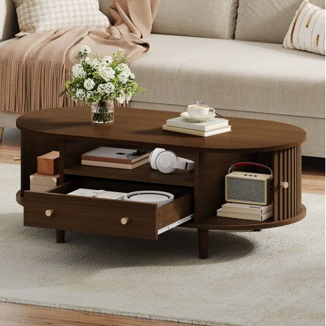 Mesa de centro ovalada 100 x 50 x 36 cm de MDF chapado en nogal con almacenaje - CHICFURN (1/5)