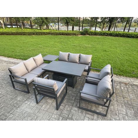 Fimous 7 Piece Garden Furniture Set 9-Seater Aluminium Outdoor Dining Set with Adjustable Rising Lifting Dining Table & Cushions Side Table 3 Chairs Dark Grey (1/5)