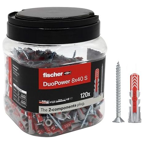 Fischer DuoPower S ProPack Barattolo di tasselli bimateriale con viti - 8x40 mm / 120 Pz.