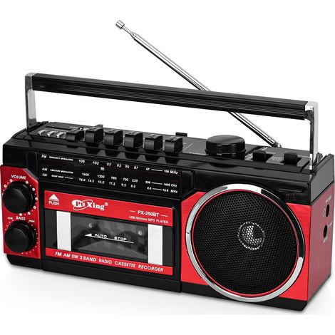 Kassettenspieler, tragbarer Kassettenspieler, Aufnahmegerät kompatibel mit FM/AM/SW-Frequenzbändern, kompatibel mit Kassetten/Bluetooth/Speicherkarten/Aufnahmefunktion, Batterien/Netzteil erhältlich