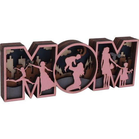 Ornements artisanaux en bois - Ravissante décoration festive innovante en forme de MOM (maman) avec lumières pour la maison ou le bureau (L) (1/5)