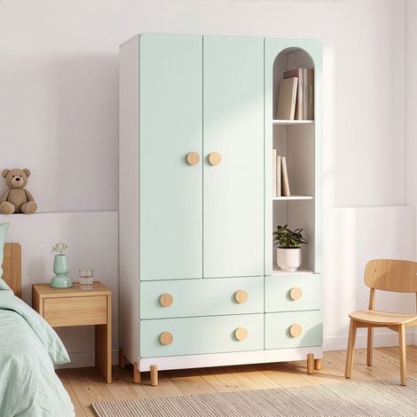 Armadio per Cameretta Vaarentaa a 2 Ante con 4 Cassetti e 3 Vani Aperti 156x90x41 cm - Bianco/Verde Menta [en.casa] (1/5)