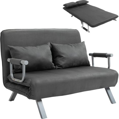 Sofá cama de 2 plazas HOMCOM, sillón convertible con respaldo ajustable en 5 posiciones, chaise longue con 2 cojines incluidos, sofá con funda extraíble de aspecto de ante, 111x80x78cm, gris oscuro (1/5)