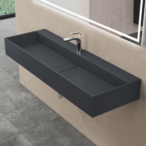 doporro Vasque à Poser Gris Noir Mat Lavabo de Salle de Bains Suspendu 120x40x14cm Lave Mains avec Bonde et Cache Bonde Colossum6028