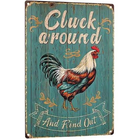 Plaque métallique drôle de poulet « Clucker et découvrir » – Décoration pour poulailler, cuisine et jardin, style vintage (1/5)