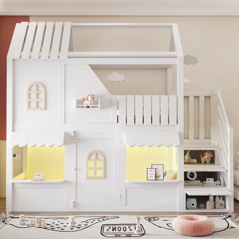 Litera infantil 253x95.5x214 cm, diseño de casa con ventana y puerta, con estantes, madera blanca (1/5)