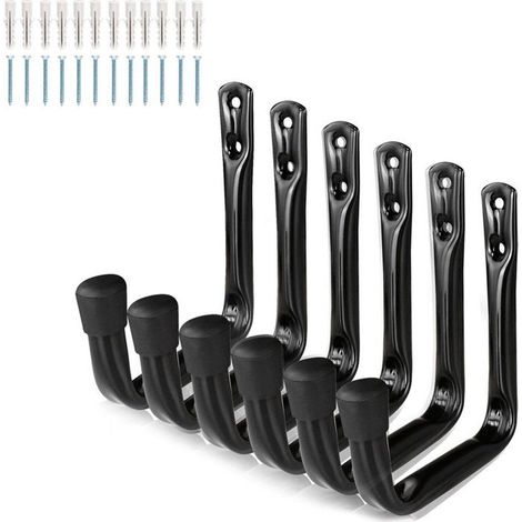 Crochets de rangement - crochets muraux - crochets pour outils - organisateur de garage - lot de 6 - 9 x 11,5 cm - fer - noir - (1/4)