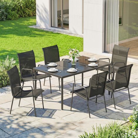 Conjunto de muebles de jardín para 6 personas, mesa y sillas con sillas apilables de textilene, 70x51x87cm, negro.