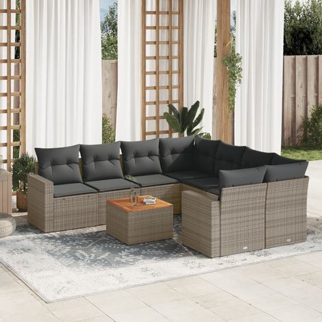 9-tlg. Garten-Sofagarnitur mit Kissen Grau Poly Rattan (1/3)