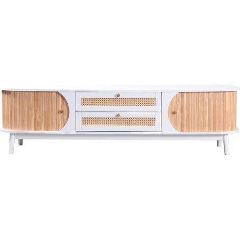 Meuble TV en MDF blanc et bois naturel avec portes et tiroirs 170x46x39,5 cm (1/5)