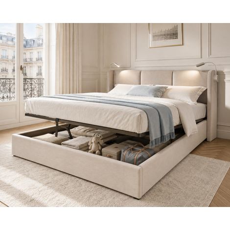 Cama canapé 160 x 200 cm, cama doble tapizada con 2 lámparas de lectura USB y almacenaje hidráulico, tejido de lino transpirable, somier de láminas, beige (1/5)
