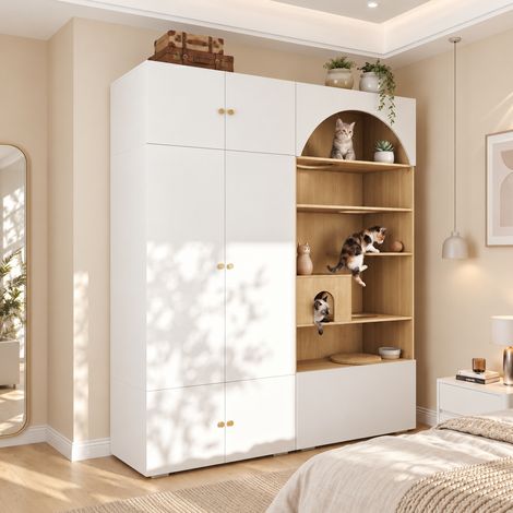 Armoire ensemble vestiaire armoire animaux, 180x50x200 cm, 1 tringle mur escalade chat, chambre salon couloir, blanc bois, coloris blanc et bois (1/5)