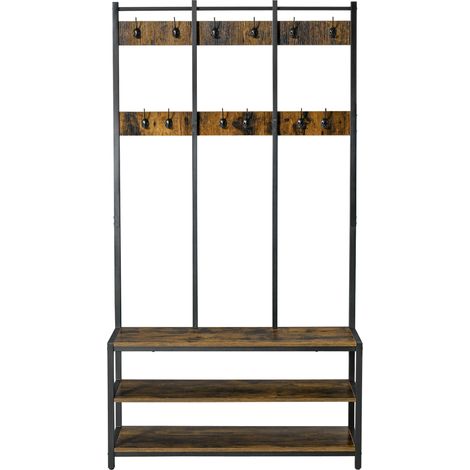 Coat Rack Stand, Free Standing Hall Tree, Coat Stwith Hooks, Bench Shoe Rack, 100cm x 38.5cm x 185.5cm, Industrial Style, Rustic Brown Black (1/5)