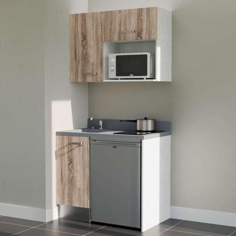 Kitchenette K00L - 100 cm - plan monobloc évier intégré Cromo- évier à gauche - Façades Bois + Electroménager inclus coloris Inox (1/5)