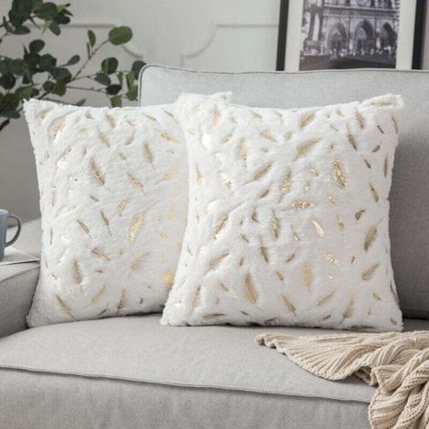 Housses de Coussin Canapé 50x50 Doré carré Taie d'oreiller Poil Fourrure Automne Blanc Decoration Home Plume Bronzante Chambre Salon Coussin Décoratif, 2 pièces (1/5)