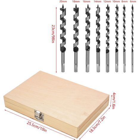 Jeu de 8 mèches hélicoïdales en acier carbone avec étui en bois et tige hexagonale usinée pour perçage précis. (1/5)