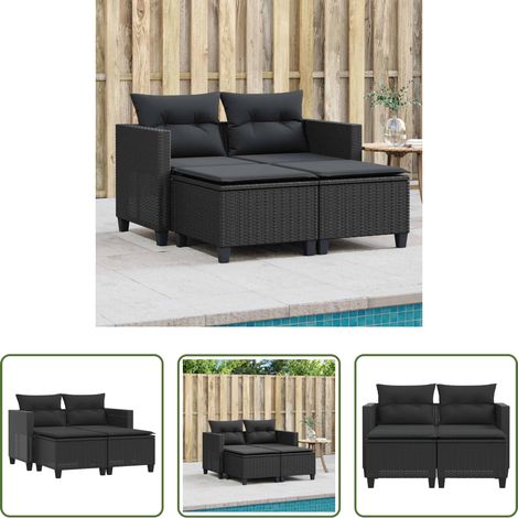 Tabouret de jardin -  Canapé de jardin 2 places avec tabourets noir résine tressée (1/5)
