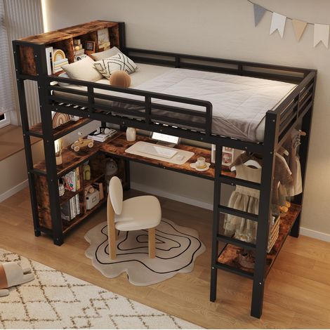 Letto a soppalco 228x95x190 cm, con scrivania, guardaroba, scaffali e vani contenitore, MDF e metallo nero (1/5)