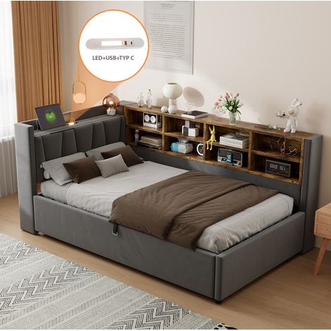 Lit 90x200 cm velours gris foncé, rangement hydraulique gain de place, sans matelas – MEUBLIV (1/5)