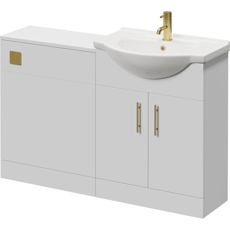 Alexander James Cento Gloss White 1250mm 2 Door Vanity Unit Toilet Suite - 1250mm - Brushed Brass 96mm Bar HandleWithout James Toilet Pan