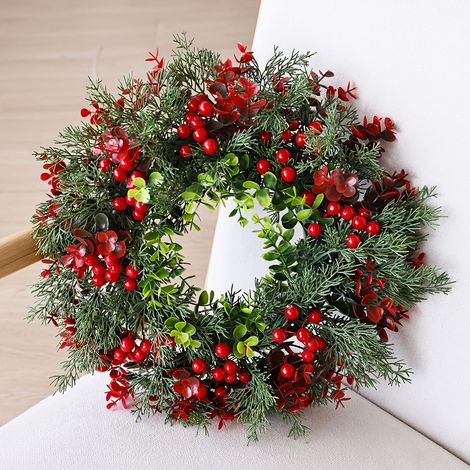 Couronne de Noël artificielle de 35 cm avec aiguilles de pin et baies rouges, pour décoration de porte d'entrée, couronnes de Noël (1/5)