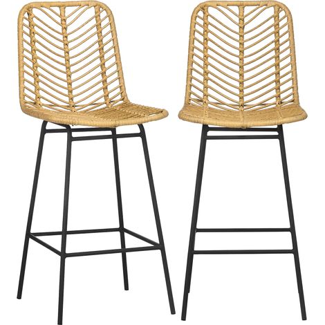 2er Set Barhocker im Boho-Design, PE-Rattan, inkl. Fußtstütze, 42,5 cm x 52 cm x 102 cm, Gelb + Schwarz