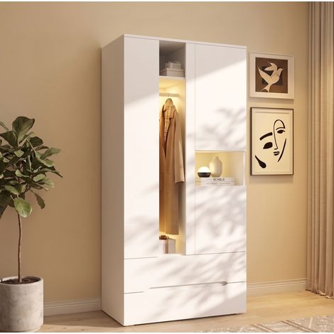 Armadio a 3 ante con illuminazione a LED, 90x50x200 cm, 2 cassetti, asta appendiabiti e 6 ripiani, pannello in vetro, MDF bianco (1/5)
