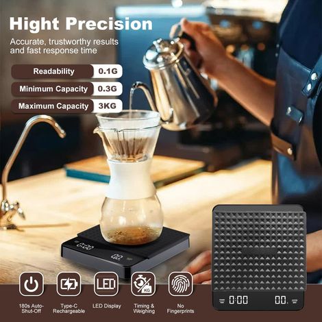 balance café avec minuterie, balance de precision avec écran LED et coussin thermique, multifonctionnelle balance de cuisine precision 3kg/0.1g, fonction tare (g/oz/ml), Arrêt Automatique