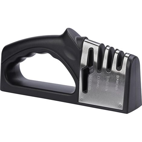 Affilacoltelli manuale 4 in 1. Adatto per coltelli da cucina, coltelli da frutta, coltelli in acciaio, forbici e affilatura di precisione a 3 livelli. Base antiscivolo, adatto per uso domestico (nero) (1/5)