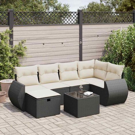 Ensemble Jardin 7 Pièces Résine Tressée Noir avec Coussins Crème - Table Réglable Hauteur, Meuble Extérieur Modulaire (1/5)