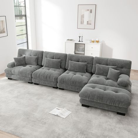 Canapé d'angle modulable en L, sofa nuage 4 places avec pouf séparé, tissu chenille gris, ensemble convertible pour salon, composition libre à assembler (1/5)