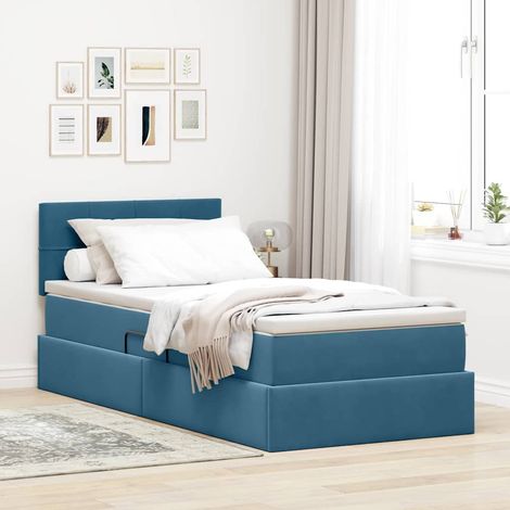 Bett mit Stauraum und LED mit LED Dunkelblau 100 x 200 cm Samt