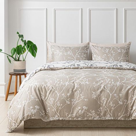 Bettwäsche-Set 240x220 cm Mikrofaser mit Zweig-Muster, 3-teilig, Khaki