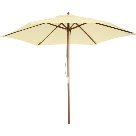 Ombrellone in legno Ø250x230cm per esterni, 6 stecche, sistema a carrucola, colore crema.